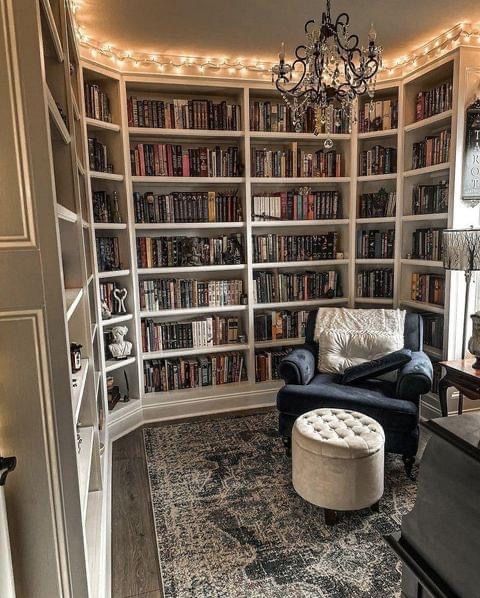 a living room filled with lots of bookshelves next to a couch and chair