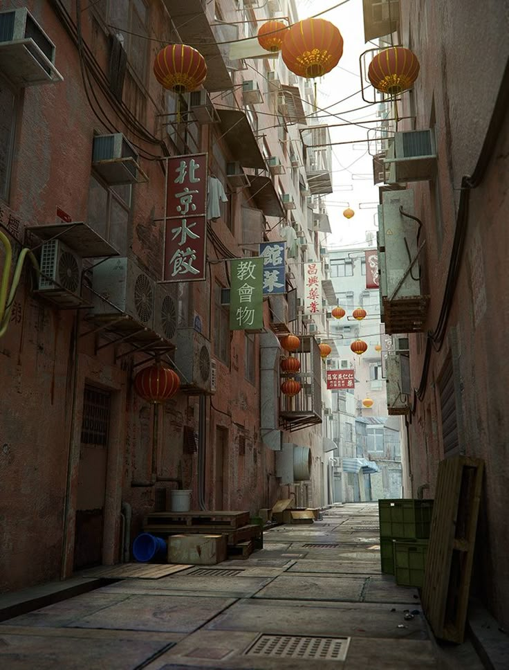 an alley way with chinese lanterns hanging from the buildings