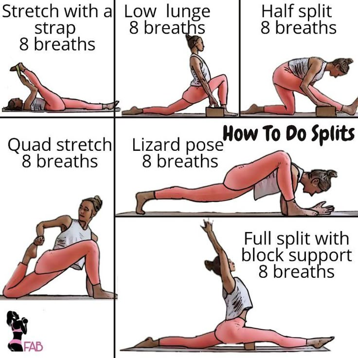 a woman doing yoga poses with the instructions for how to do splits in front of her