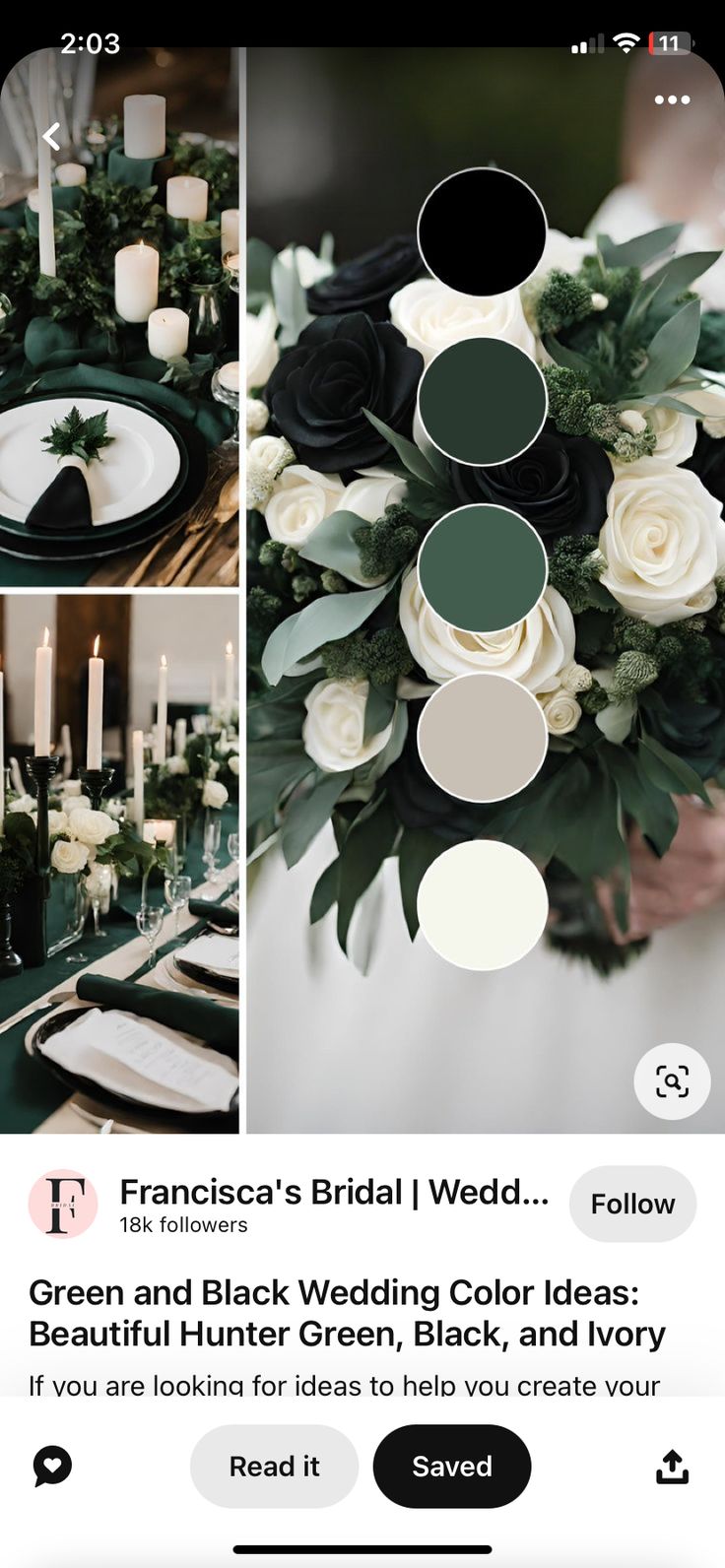 an instagram page with white roses and greenery in the center, candles on each side