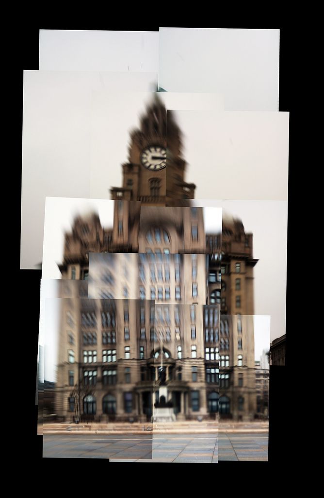 multiple photos of buildings with a clock tower in the middle and one building behind them