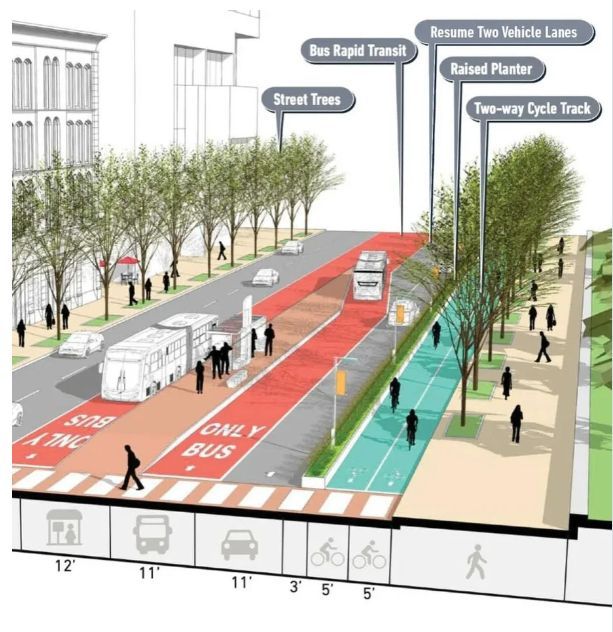 an artist's rendering of what the street will look like in two different directions