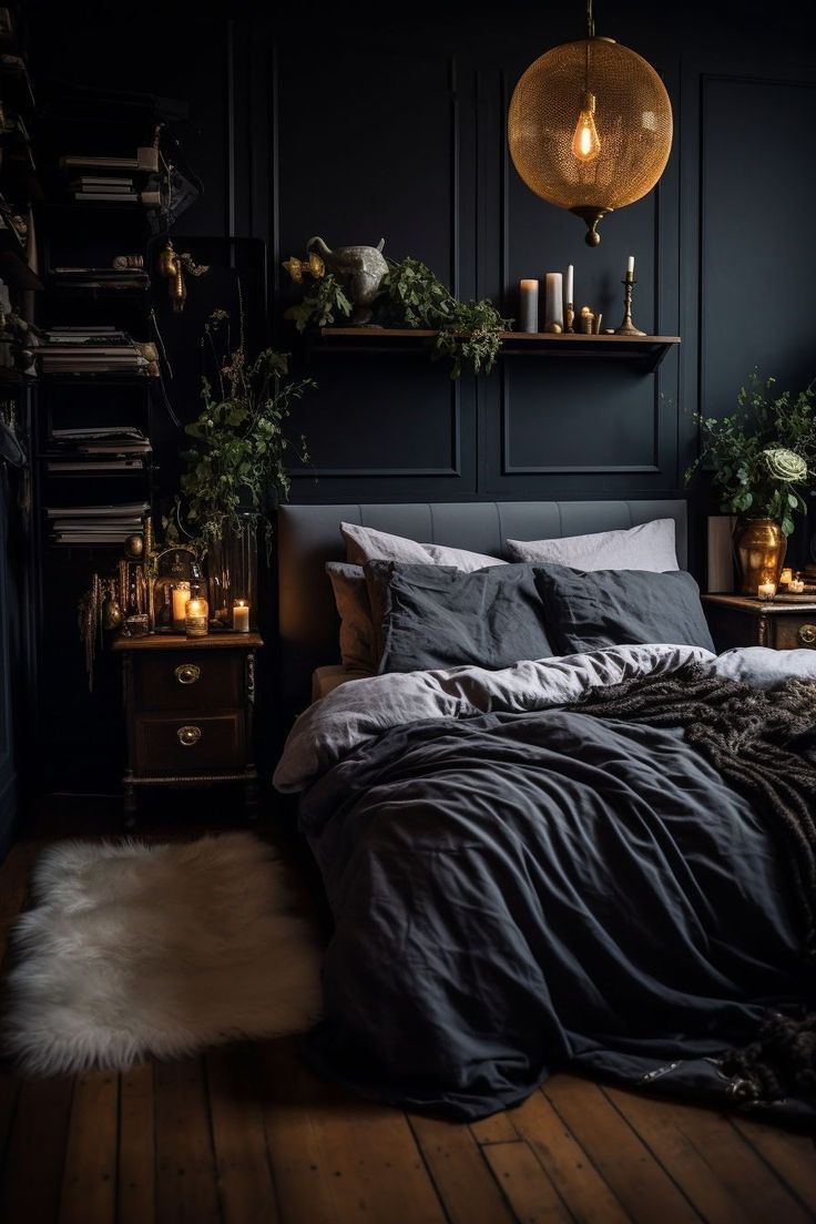 a bedroom with black walls and wooden floors, dark bedding, white fur rugs and candles in the corner