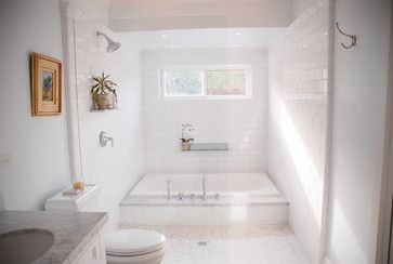 two pictures of a bathroom with white tile and tub, sink, toilet and window