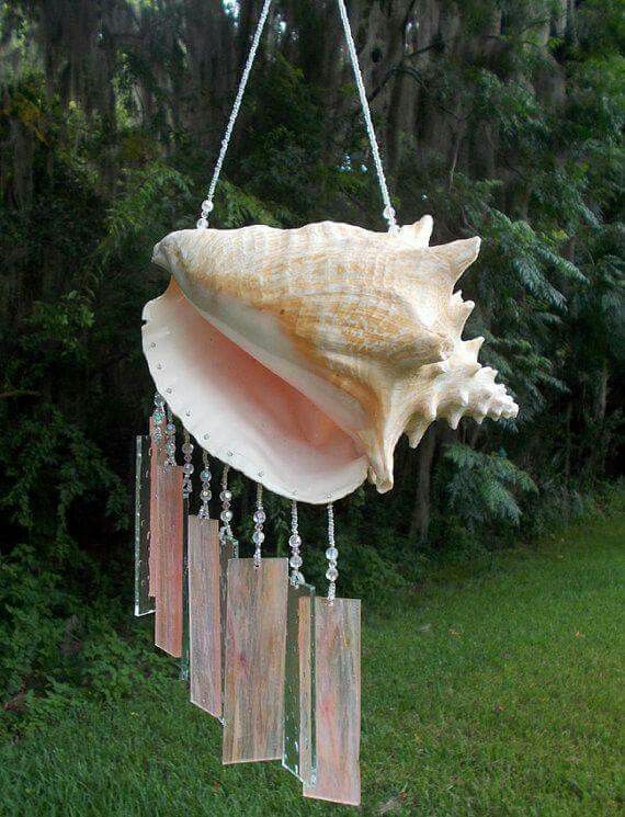 a shell hanging from a chain in the grass