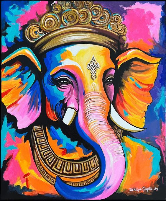 an elephant painted in bright colors with a crown on it's head