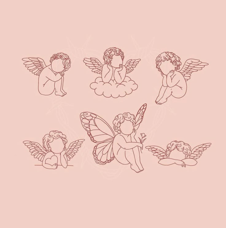 four little angels sitting on top of each other in pink and black ink with the words,