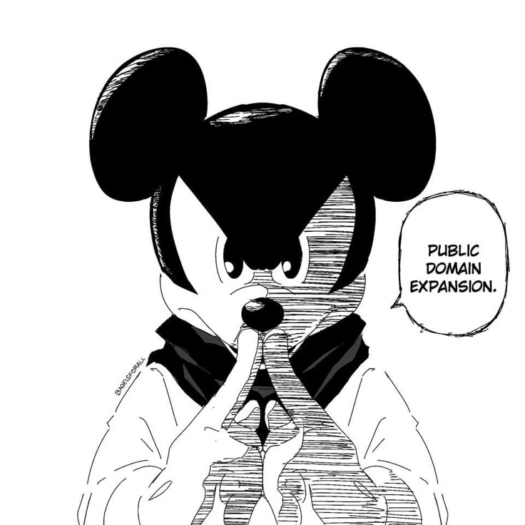 a black and white drawing of mickey mouse with an expression bubble above his head that says public extension