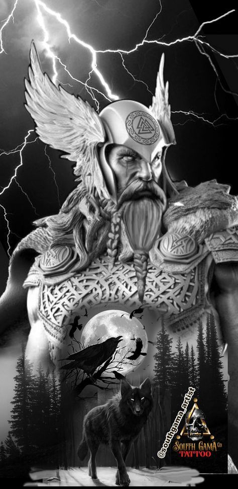 a black and white photo of a man in armor with lightning behind him, surrounded by wolfs