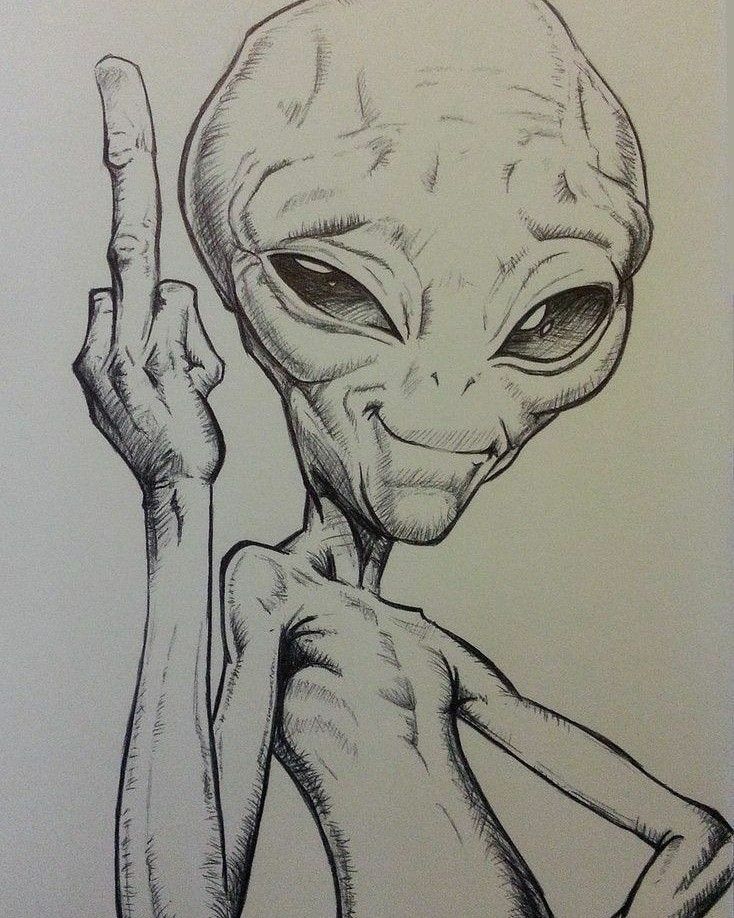 a drawing of an alien is shown in black and white, with one hand up to the side