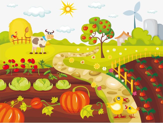 a farm scene with pumpkins and chickens