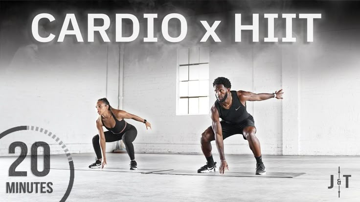 two women are doing exercises in front of the words cardio x hit