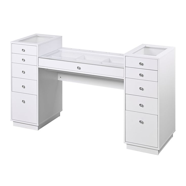 a white desk with two drawers and a sink on it's side, against a white background