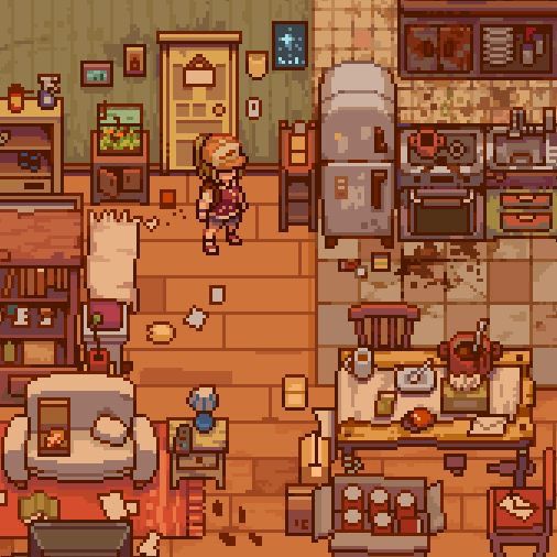 an overhead view of a kitchen and living room in a pixel art style video game