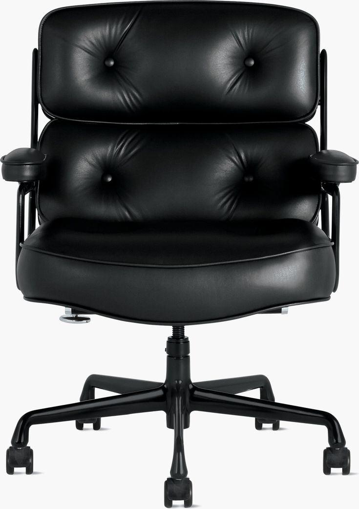 an office chair with black leather upholstered back and arms, viewed from the front