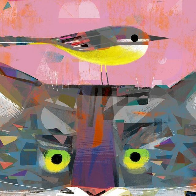 a cat with yellow eyes and a bird on top of it's head in front of a pink background