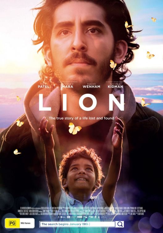 the movie lion features a man with his hands up in front of him and butterflies flying around