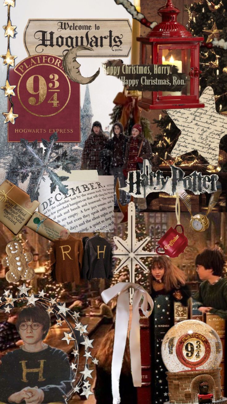 harry potter collage with hogwart's symbols and other things in the background