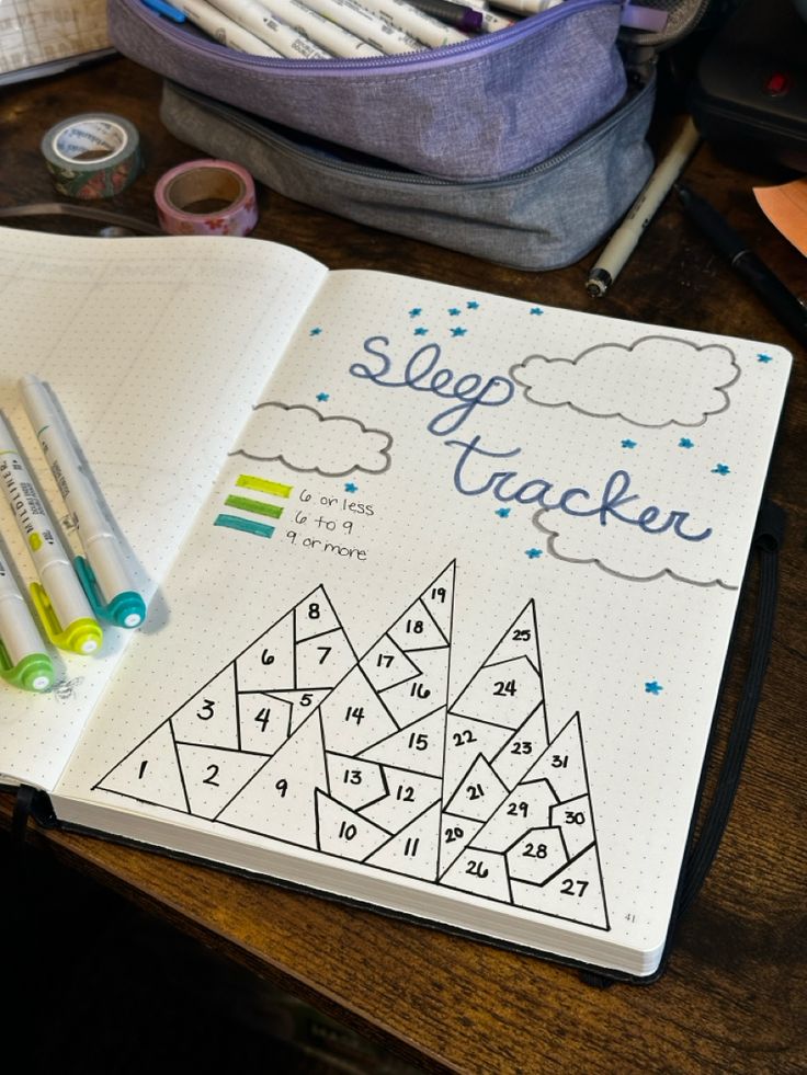 Bullet journal page of a mountain separated into different parts, numbered for the days of the month in May. At the top it says sleep tracker is a semi-cursive font. There are grey clouds and starts around the title and a key below it. Sleep Schedule Journal, Mountain Mood Tracker, January Bullet Journal Sleep Tracker, Bullet Journal Camping Theme, Bullet Journal Tracking Ideas, Dream Tracker Bullet Journal, September Sleep Tracker, Not Book Ideas, Bullet Journal Ideas Sleep Tracker