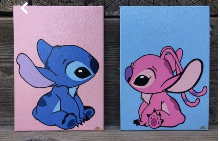 two paintings of stitchy and stitchy on canvases, one is pink and the other is blue