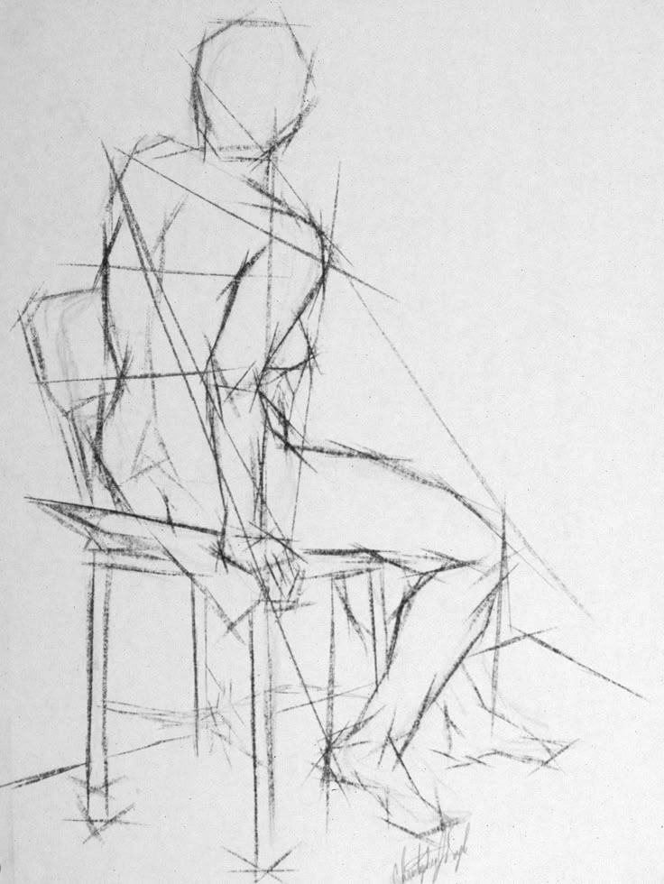 a black and white drawing of a person sitting on a chair