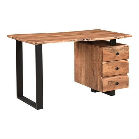 a wooden desk with two drawers and metal legs