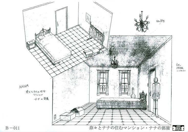 an architectural drawing of a bedroom and living room in the same house, with different rooms on each side