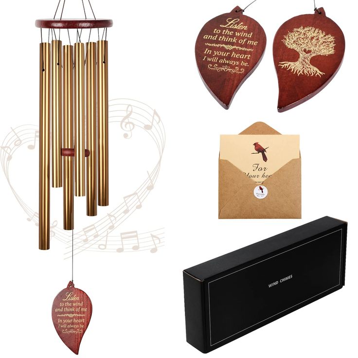 a wooden wind chime with musical notes, note cards and an ornament