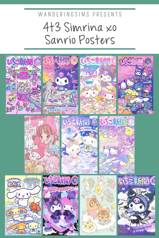 an image of anime posters with the words,'472 summa xo sanrio