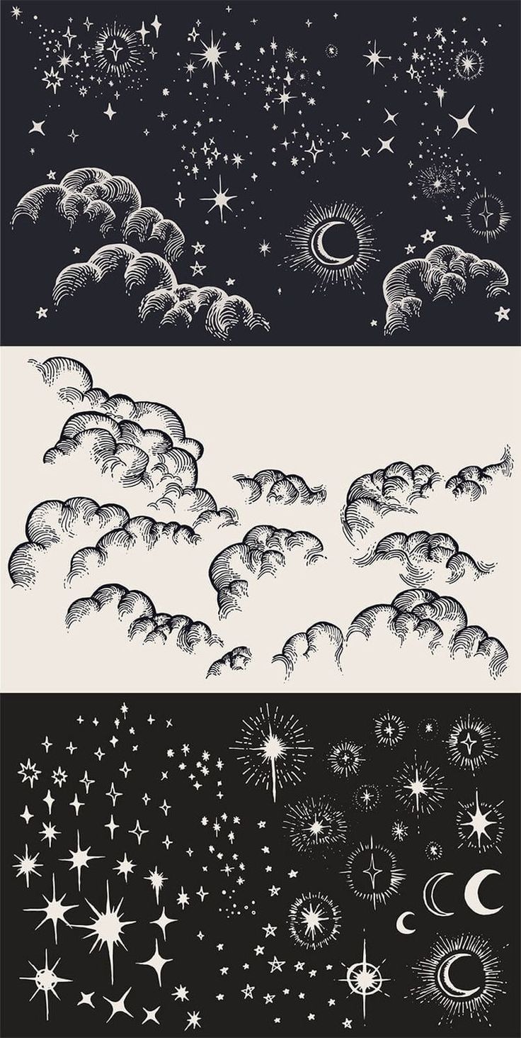 three different types of stars and clouds in black and white, each with an image of the