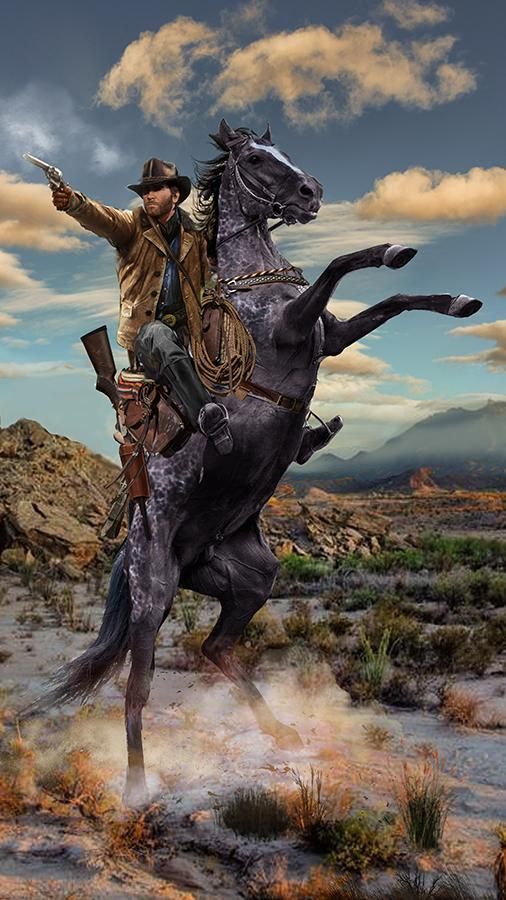 a man riding on the back of a black horse next to a desert landscape with clouds