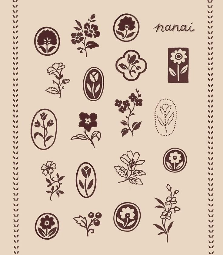 various flowers and leaves are shown in the shape of an oval, on a beige background