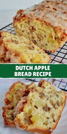 two pictures showing different types of bread on cooling racks with the words, dutch apple bread recipe