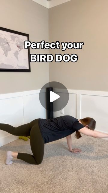 a woman is doing an exercise on the floor in front of a wall with text that reads, perfect your bird dog