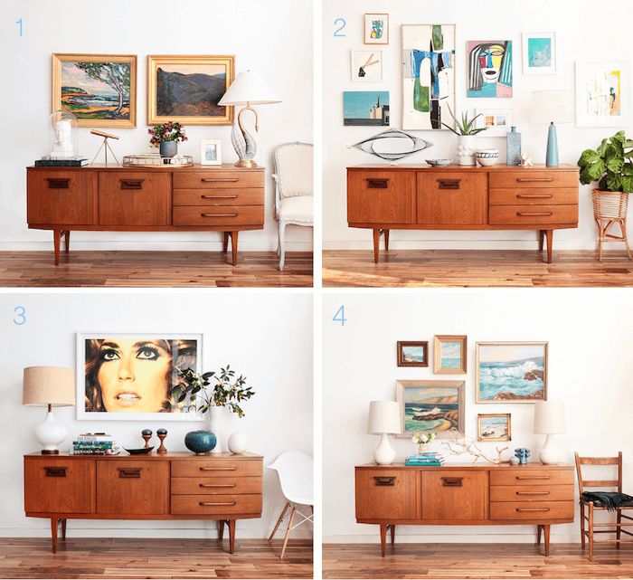 four different shots of a wooden dresser with pictures on the wall above and below it