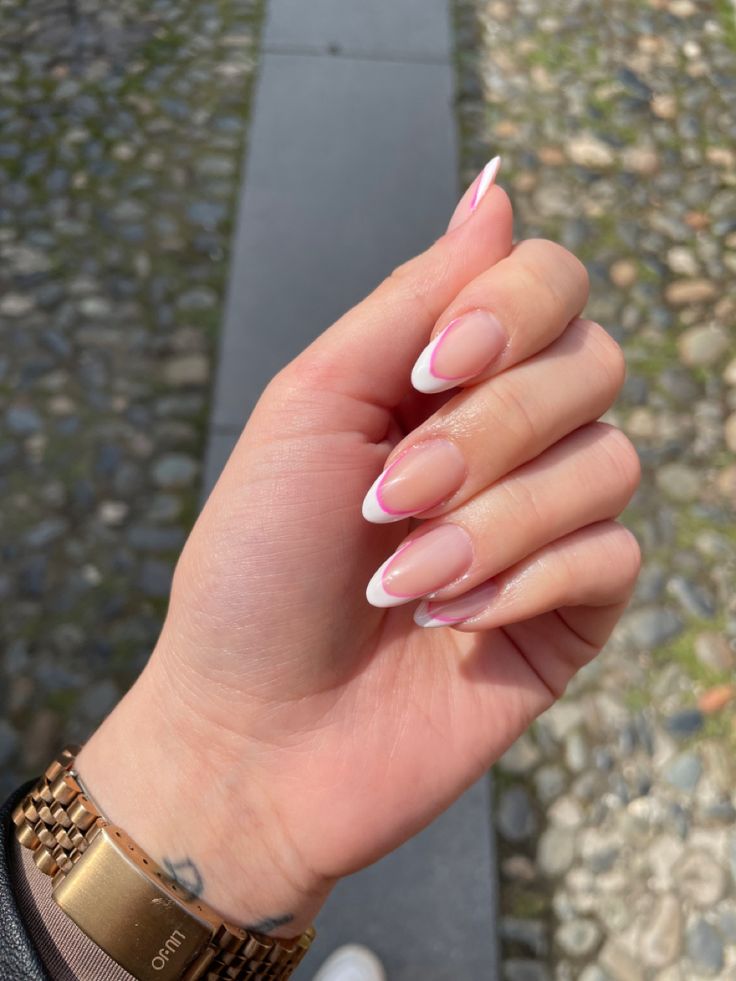 French nails white and pink French Nails With Pink Line, Almond French Tip Nails With Line Under, White Pink French Nails, White And Pink Nails French Tips, Pink Hoco Nails Almond, Light Pink And White Nails French Tips, White And Pink Tip Nails, White French Tip Nails With Pink Line, White French With Pink Line