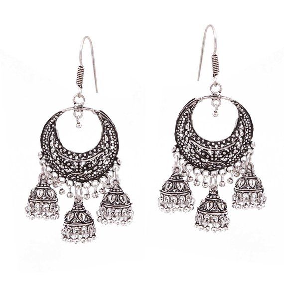 Oxidized Silver Plated handmade 3 in 1 Antique Jhumka Bali Women Earrings/ Indian Traditional Bollyw Festival Jhumkas With Dangling Beads, Dangle Chandelier Earrings For Festivals, Bohemian Dangle Jhumkas, Bohemian Dangle Jhumkas With Latkans, Dangle Metal Chandbalis With Latkans, Bohemian Chandelier Earrings With Latkans For Diwali, Bohemian Dangle Earrings For Navratri, Bohemian Jhumkas Drop Earrings For Diwali, Dangle Chandbalis With Latkans In Metal