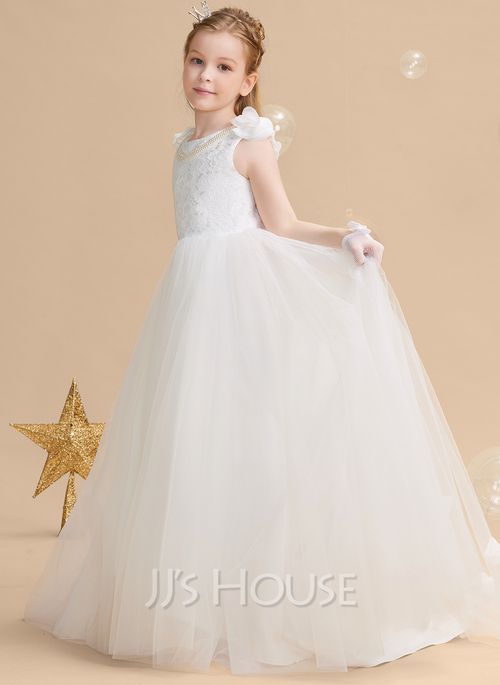 Ball-Gown/Princess Sweep Train Flower Girl Dress - Tulle/Lace Sleeveless Scoop Neck With Flower(s) (010211709) - JJ's House Rihanna Dress, Sleeveless Flower Girl Dresses, Girls Ball Gown, Neck Flower, Princess Flower Girl Dresses, Princess Flower, Ball Gowns Princess, Lace Ball Gowns, Flower Girl Dress Lace