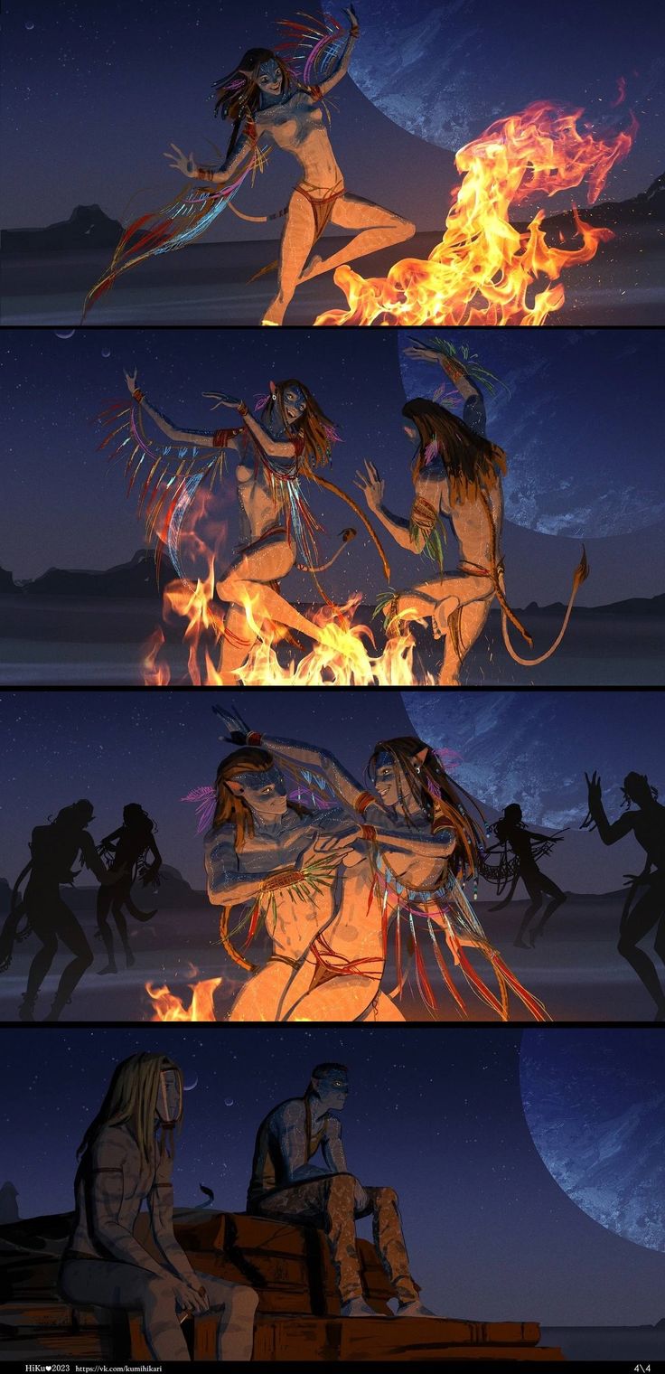 an animated scene with two people sitting on a bench in front of fire and flames