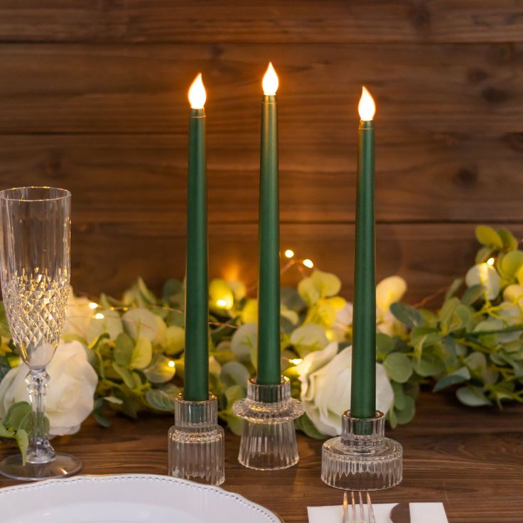 3 Pack | 11inch Hunter Emerald Green Warm Flickering Flameless LED Taper Candles Candlelight Wedding Reception, Candle Light Wedding, Reusable Candle, Green Wedding Decorations, Forest Green Wedding, Flameless Taper Candles, Led Taper Candles, Wedding Reception Lighting, Battery Operated Tea Lights