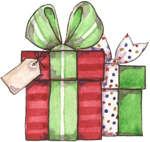 a watercolor drawing of a wrapped present