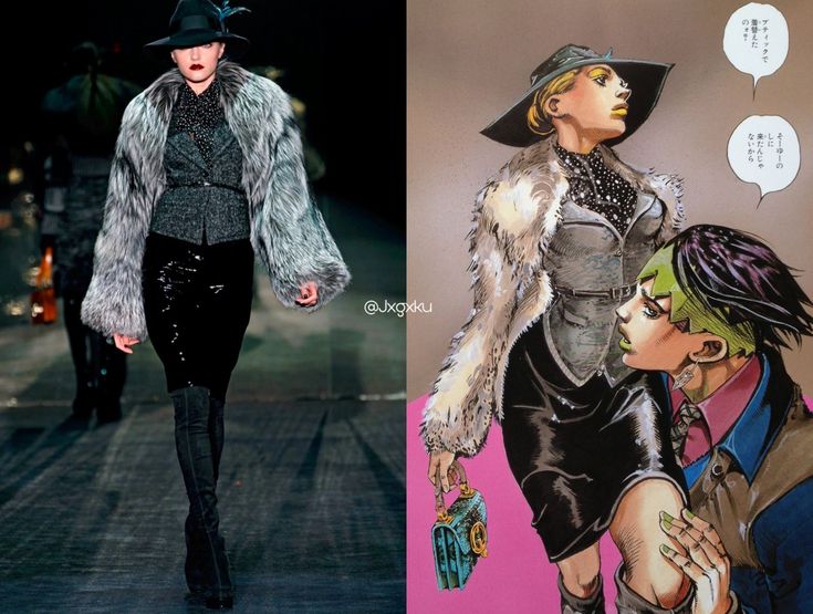 two pictures of women walking down the runway and one is wearing a hat with fur on it