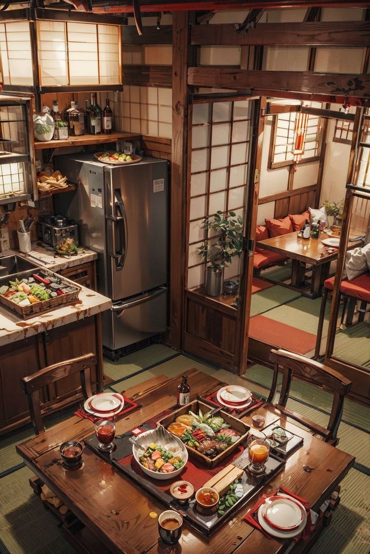 a table with food on it in front of an open doored kitchen and dining area