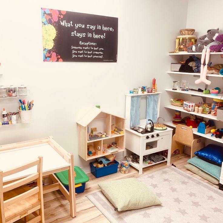 a child's playroom with toys and bookshelves