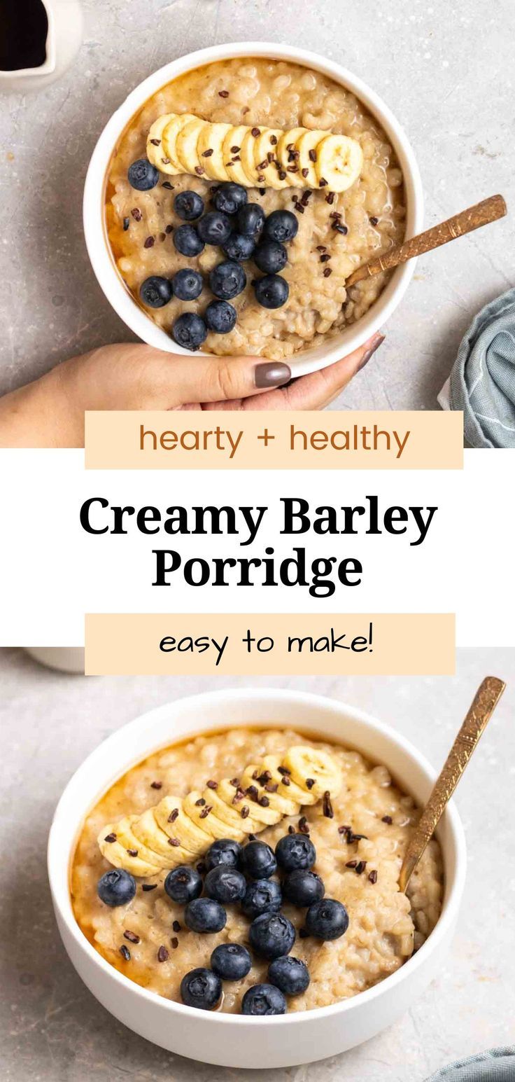 two bowls of creamy barley porridge with bananas and blueberries in them, one bowl is