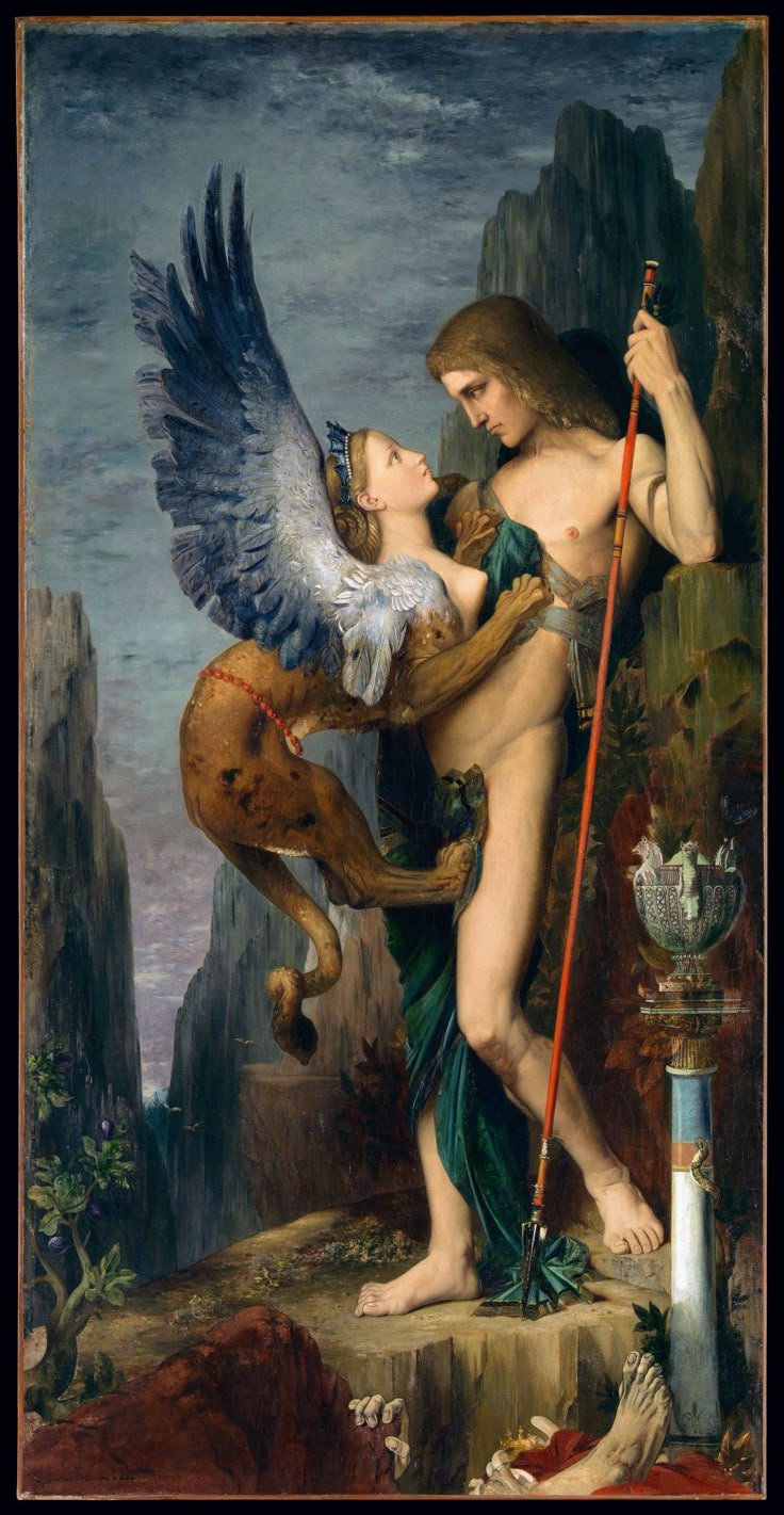 a painting with an angel holding a bird on it's back, and another man in the background