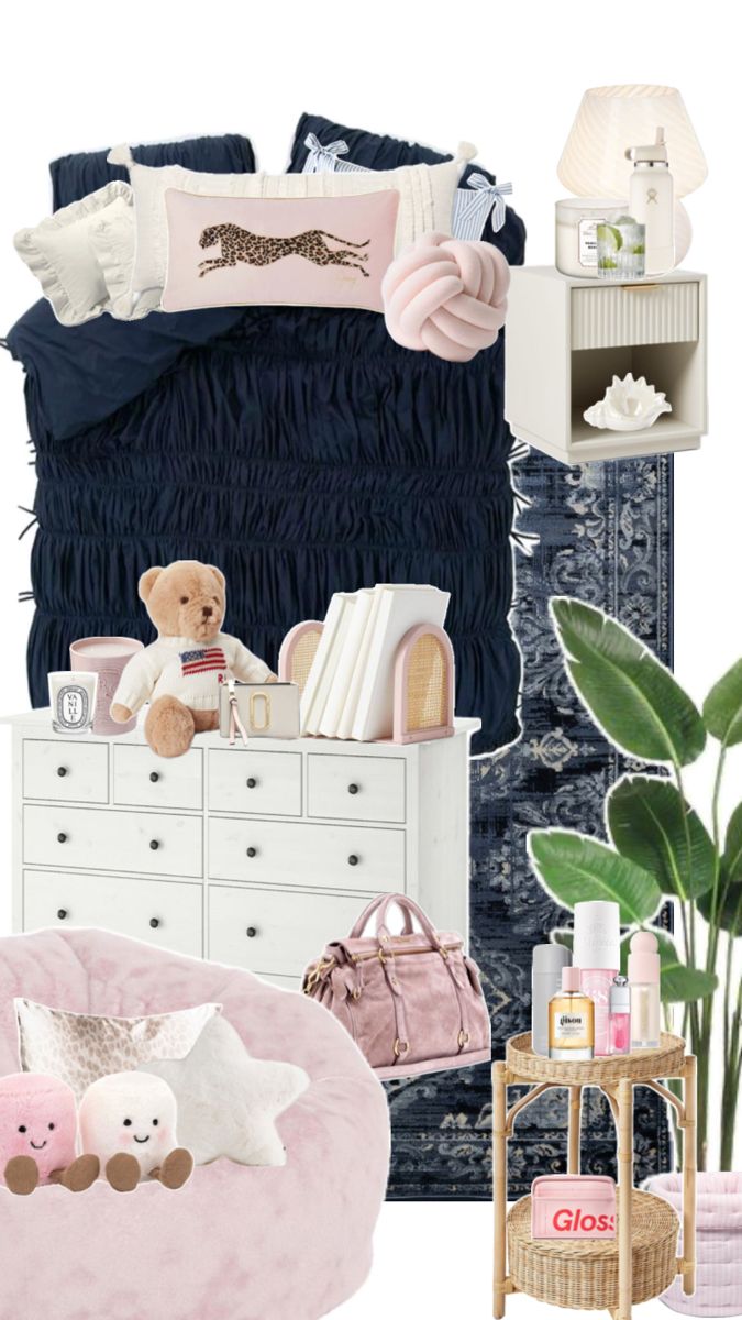 a collage of pink and blue items including a teddy bear, bedding, pillows, rugs