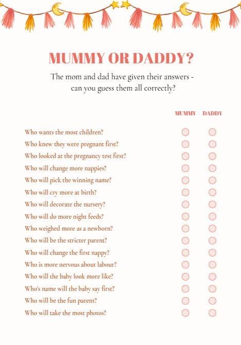 a baby shower game with the words,'mommy or daddy?'and an image of