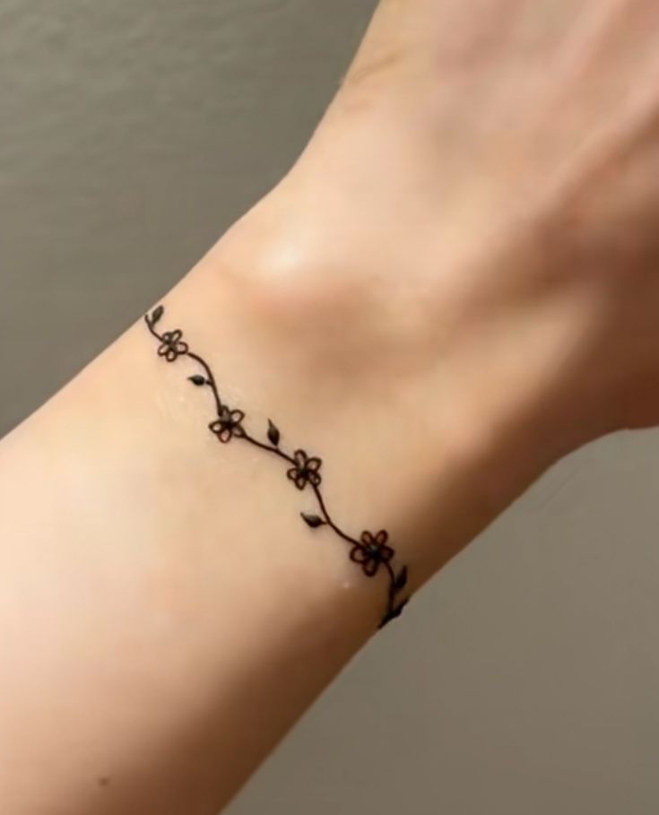 a woman's wrist with a tattoo on it that has flowers and leaves growing out of it