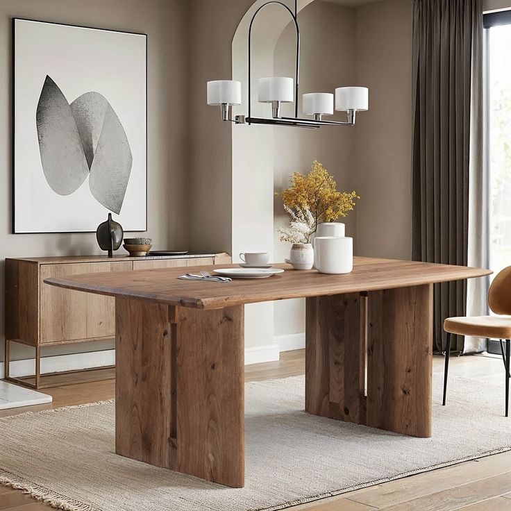 a dining room table with vases on it